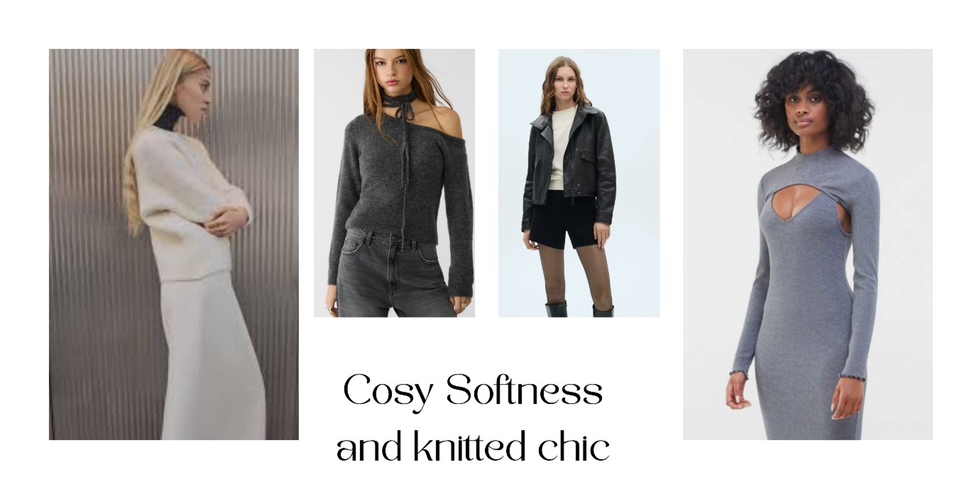 Collage of models in fitted knitted skirt, dresses and off-shoulder top.