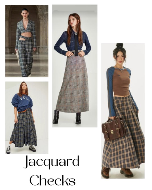 Collage of models wearing check skirts and suits