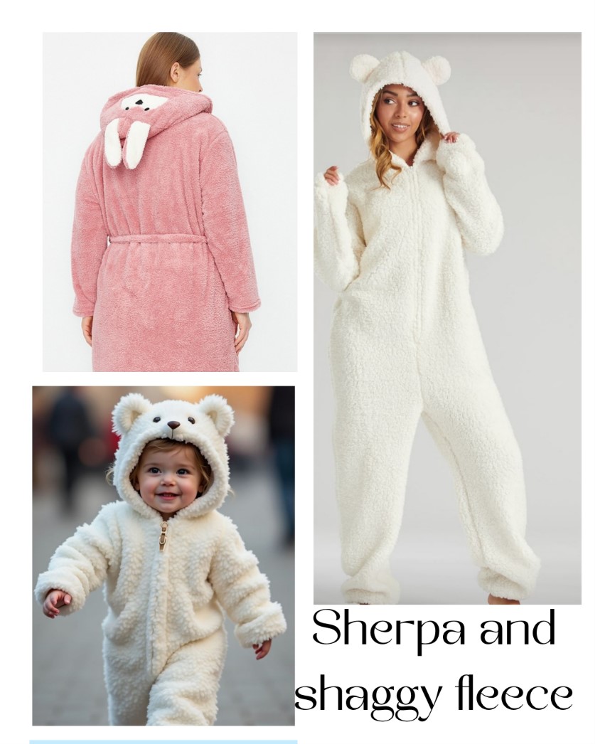 Collage of models wearing shaggy fleece onesie