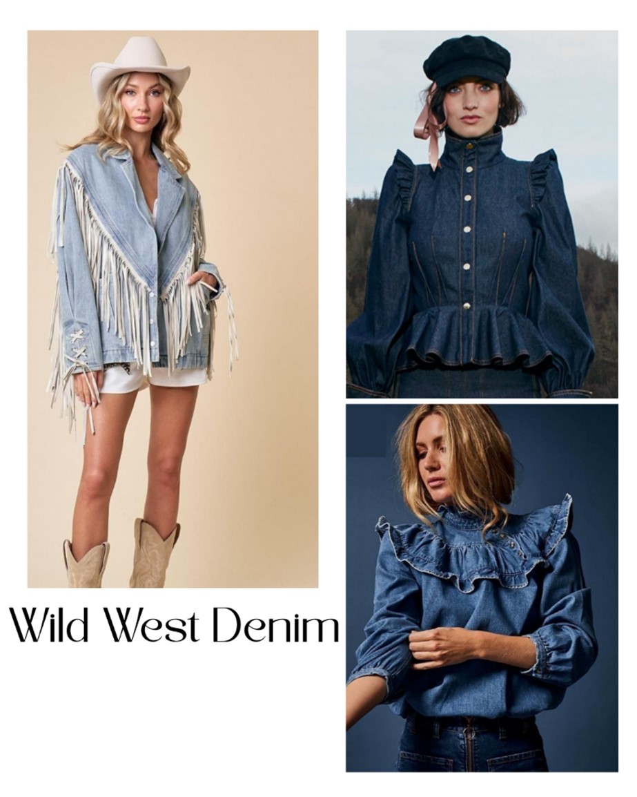 collage of ladies wearing frilly denim blouses