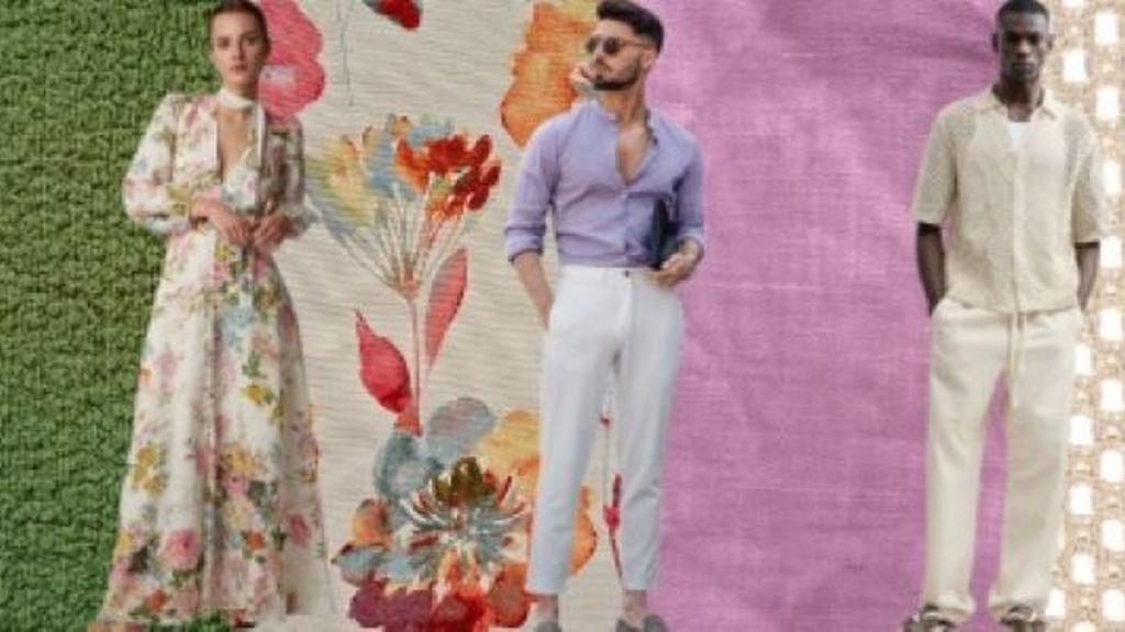 Collage of models showcasing different summer outfits and fabrics