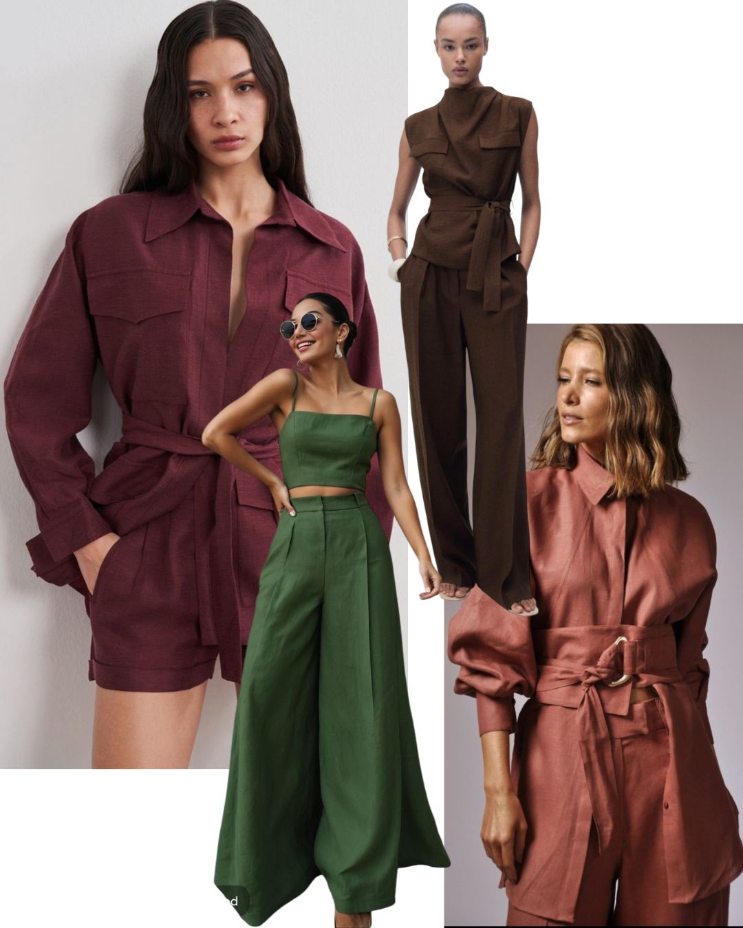 Collection of models in earthy coloured linen shirts, jackets and pants.