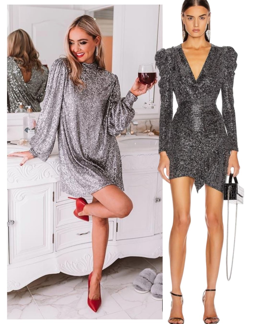 Girls dressed in shimmering silver dresses and heels for a party.