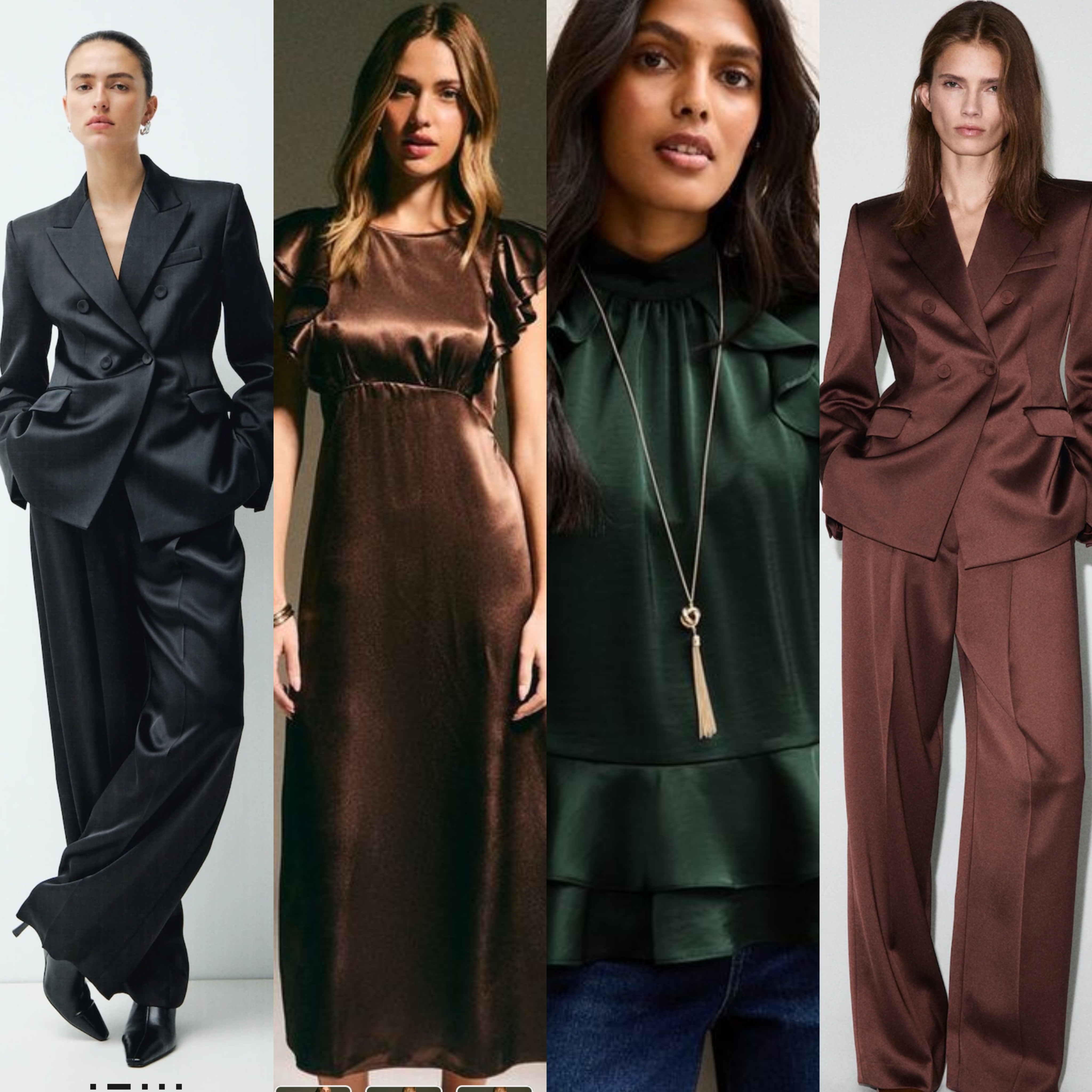 Models dressed in shiny fabric used in suits, dress and blouses