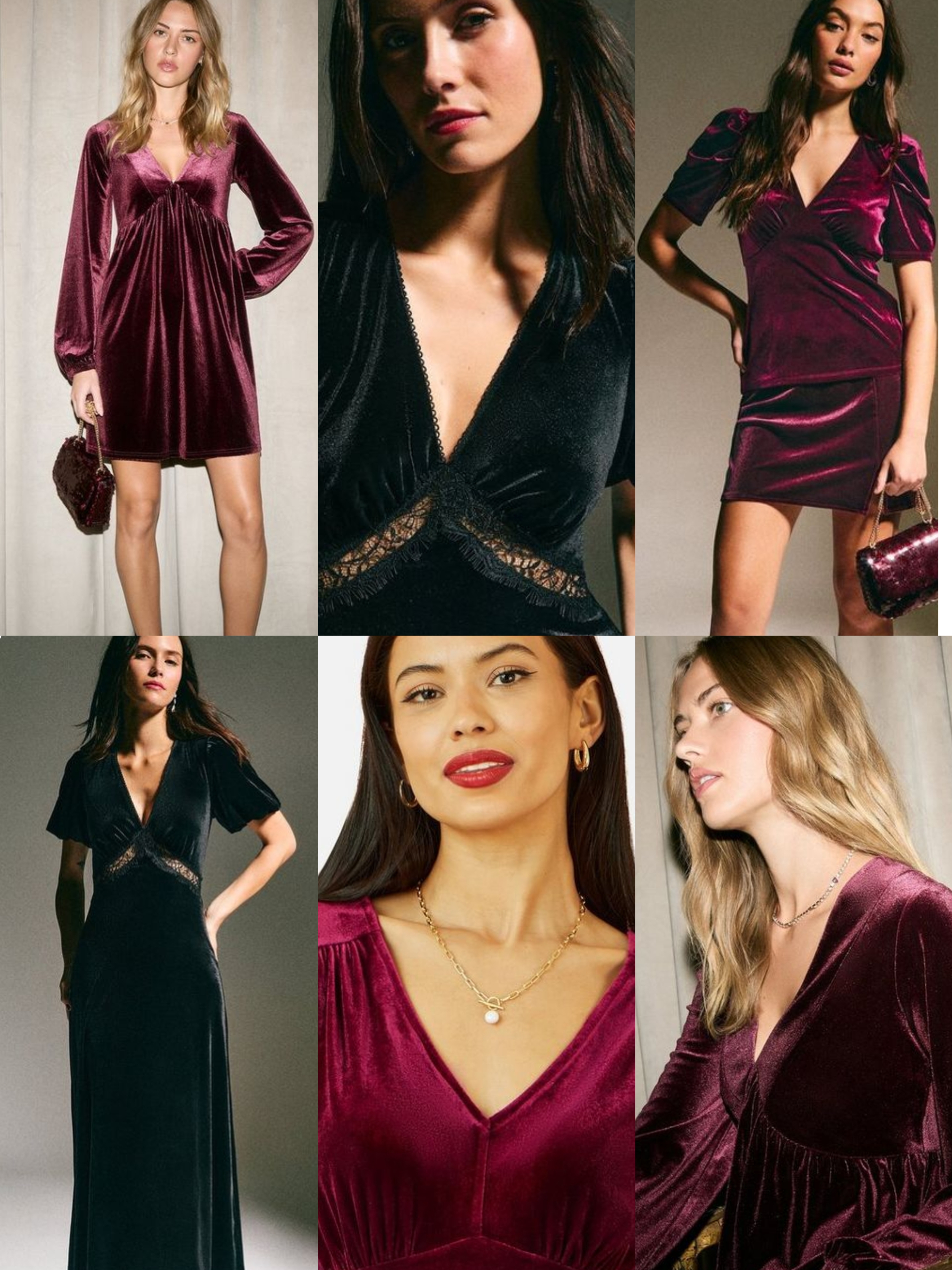 Collage of models showing different velour styled dresses